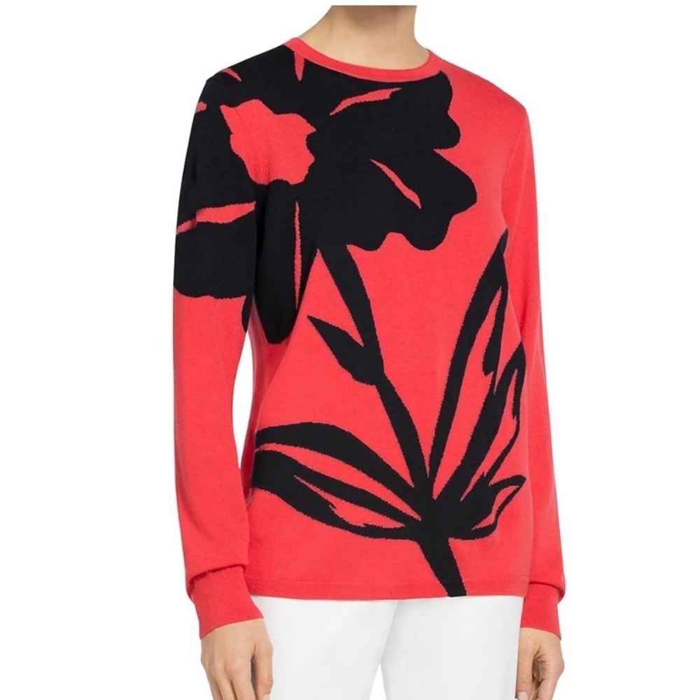 St. John Floral‎ Intarsia Wool Sweater Sz S Coral /Navy